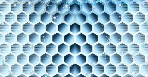 Image of hexagons pattern, moving lens flare and looping snowflakes against blue Stock Illustration
