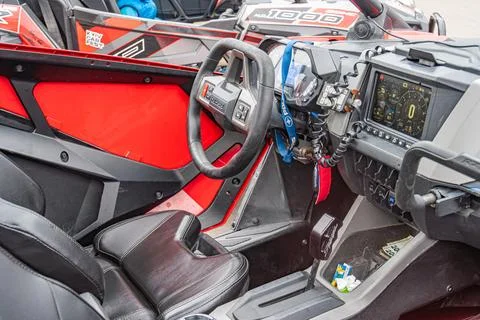Image of a high-performance, red and black water racing vehicle interior Em.. Stock Photos