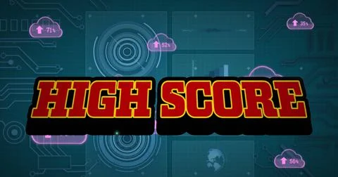 Image of high score text and data processing on blue background イラスト素材