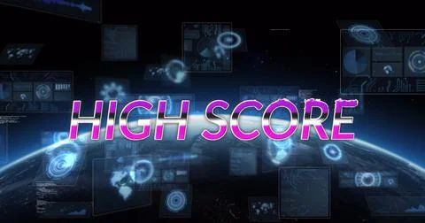 Image of high score text and data processing with globe on black background Illustrazione stock