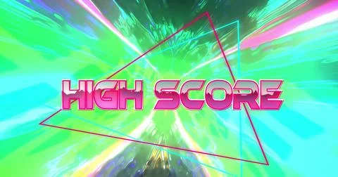 Image of high score text and triangle on multi coloured background Illustrazione stock