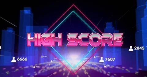 Image of high score text banner and profile icons over light trails against 3d Ilustração Stock