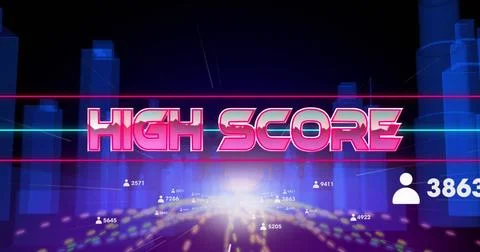 Image of high score text banner and profile icons over light trails against 3d Ilustração Stock