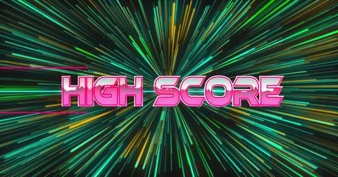 Image of high score text banner over green light trails in seamless pattern on Stock Photos