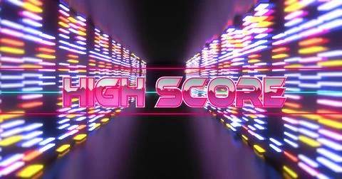Image of high score text between lines over multicolored lines against abstract Stockfoto's