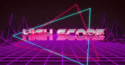 Image of high score text in multicolored triangles over grid pattern and digital Stock Photos