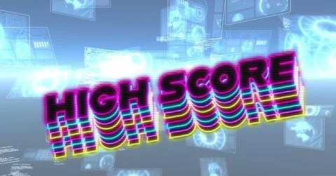 Image of high score text over scope scanning and data processing Illustrazione stock
