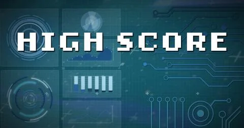 Image of high score text over scope scanning and data processing Illustrazione stock