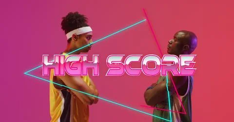 Image of high score text over neon pattern and diverse basketball players Stock Illustration