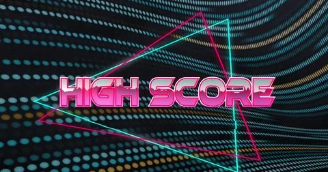 Image of high score text over triangles against dots moving in wave pattern Stock Illustration