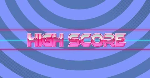 Image of high score text over neon lines and striped pattern background Stock Illustration