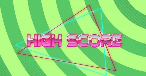 Image of high score text over neon triangles and pattern background Stock Illustration