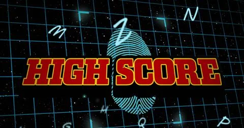 Image of high score text over security finger print and letters on grid Stock Illustration