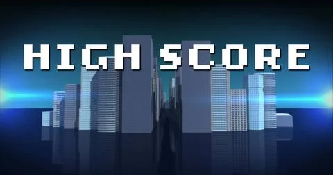 Image of high score text over digital cityscape Illustrazione stock