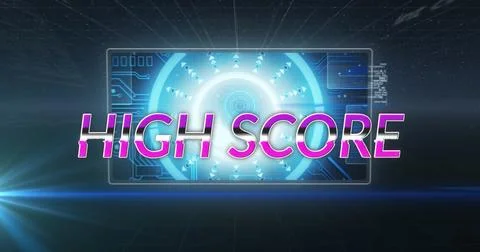 Image of high score text over scope scanning and data processing Illustrazione stock