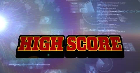 Image of high score text over scope scanning and data processing Illustrazione stock