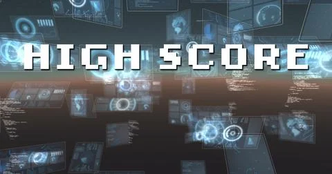 Image of high score text over scope scanning and data processing Illustrazione stock