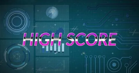 Image of high score text over scope scanning and data processing Illustrazione stock