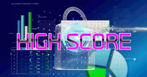 Image of high score text over data processing and padlock icon Stock Illustration