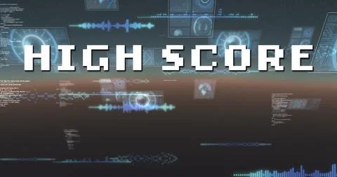 Image of high score text over scope scanning and data processing Illustrazione stock