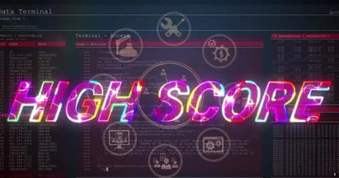 Image of high score text over icons and data processing Stock Illustration