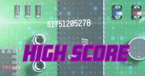 Image of high score text over data processing and computer circuit board Foto stock
