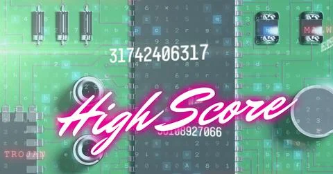 Image of high score text over data processing and computer circuit board 스톡 사진