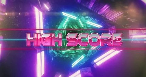 Image of high score text over neon pattern background Stock Photos