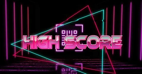 Image of high score text over qr code on black background 스톡 사진