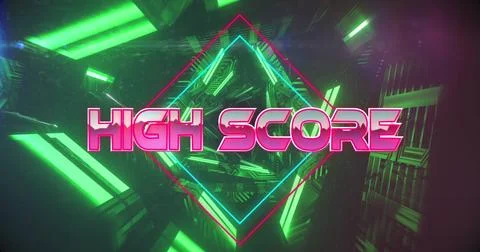 Image of high score text on rhombuses over futuristic tunnel against black Stock Photos