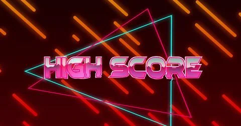 Image of high score text on triangles over lines against abstract background 스톡 사진