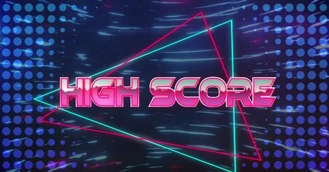 Image of high score text on triangular banner and blue light trails spinning in Stock Photos