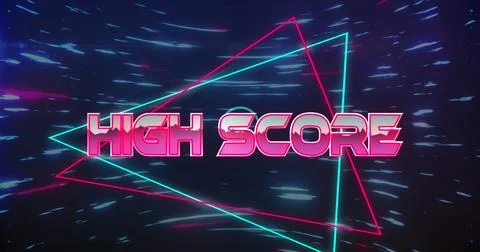 Image of high score text on triangular banner and blue light trails spinning in Stock Photos