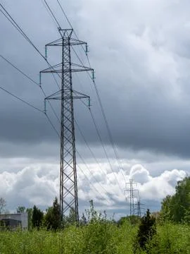 Image of High-voltage power lines. Electricity distribution station. Stock Photos