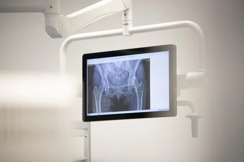 Image of a hip x-ray on a screen in an operating theater Stock Photos