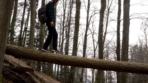 Image of hipster man crossing tree bridge, Zagreb, Croatia. Video stock 104520805
