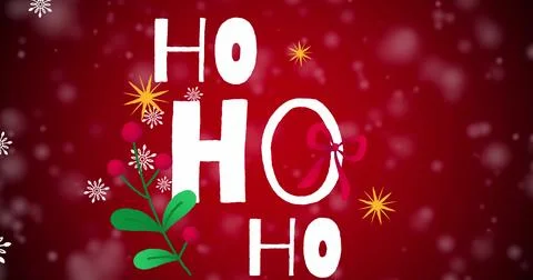 Image of ho text over snow falling on red background Ilustração Stock