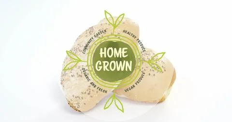 Image of home grown text banner against close up of fresh bread on white Stock Illustration
