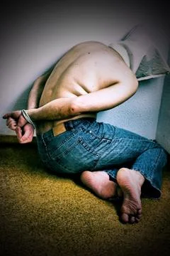 Image of an hostage tied-up and blindfolded. Stock Photos