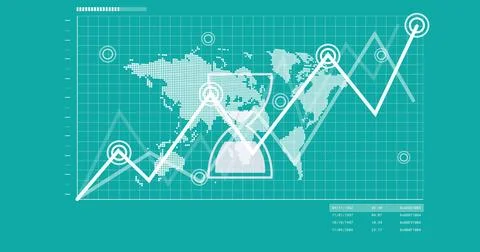 Image of hourglass with financial data processing and world map on blue Stock Illustration
