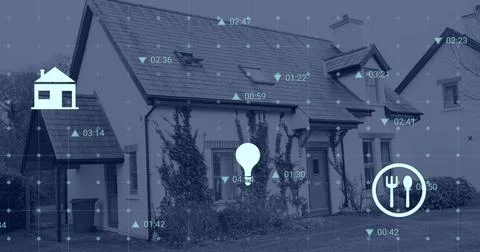 Image of house, financial data processing icons and statistics 写真素材