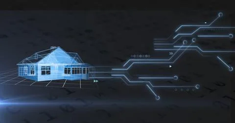 Image of house spinning over computer motherboard Ilustración de archivo