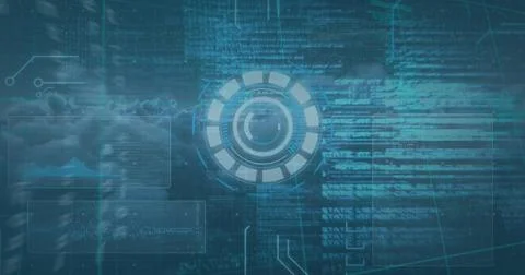 Image of hud with financial data processing on digital interface with coding Foto stock