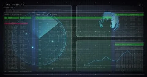 Image of hud interface screens with graph, radar, globe and programming 写真素材