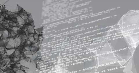 Image of hud interfaces, dots forming geometric shapes over programming language 스톡 사진