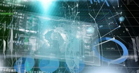 Image of hud screen, globe, graph, database and connected dots against grid.. Illustrazione stock