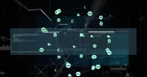 Image of hud screen with programming language and icons connected with lines Stock Illustration