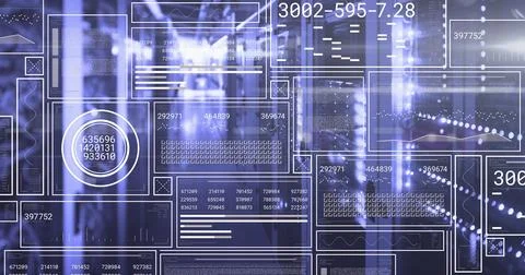 Image of hud screens with changing numbers, graphs, loading bars, circles over Stock Photos