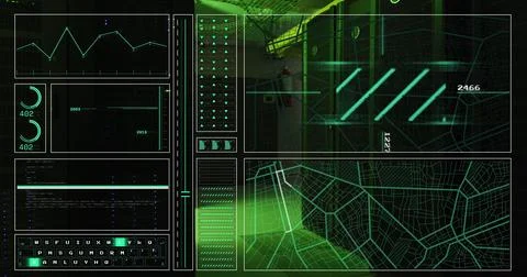 Image of hud screens with map, graphs, programming data over data server room 库存插图