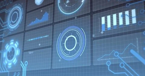Image of hud screens with multiple graphs over grid pattern Stock Photos
